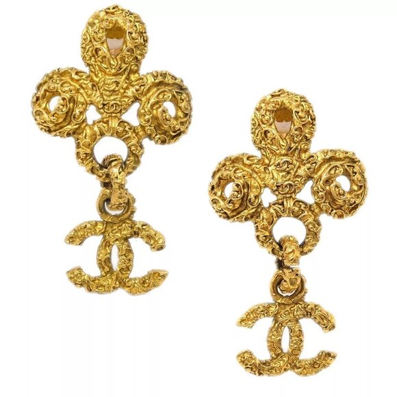 Chanel Dangle Earrings Clip-On Gold 93A - Picture 1 of 5
